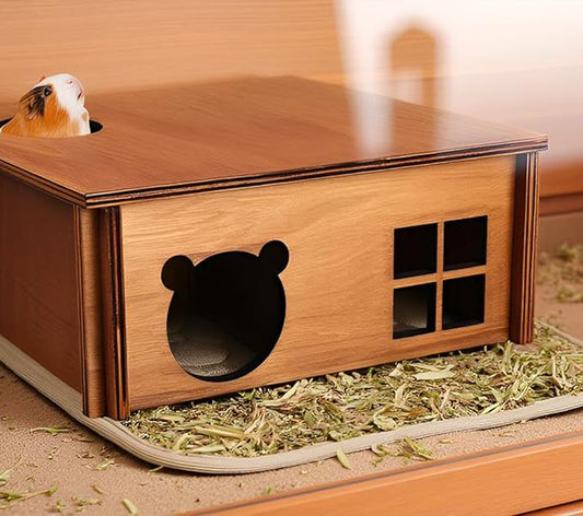 Hamster Multi Chamber Maze Hideout: Wooden Maze Tunnel House Exploring Toys for Hamster Gerbils Mice Guinea Pig Chinchillas, Small Animals Hideout and House - Brown