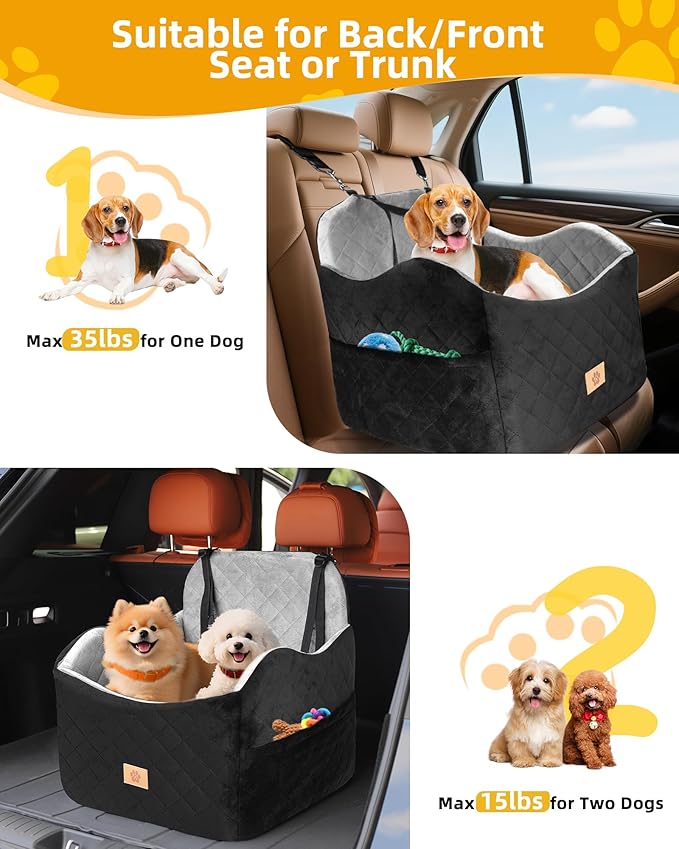Car Seat Booster for Dog: High-Support Memory Foam Pet Car Seat for Small/Medium Dogs Under 35lbs with Elevated Cushion, Pockets - Detachable Washable Puppy Travel Bed for Driving(Black/Grey)