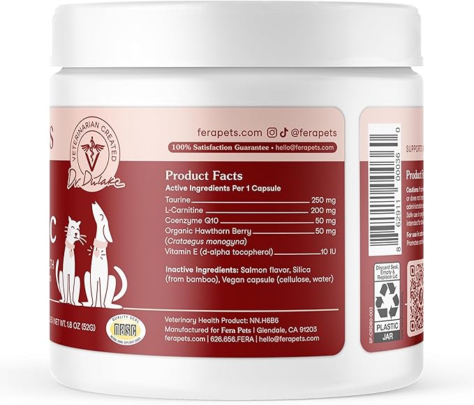 Fera Pets Cardiac Support - Cat & Dog Heart Supplement with Taurine, L-Carnitine, & CoQ10 - Promotes Normal Circulation and Heartbeat - 120 Capsules