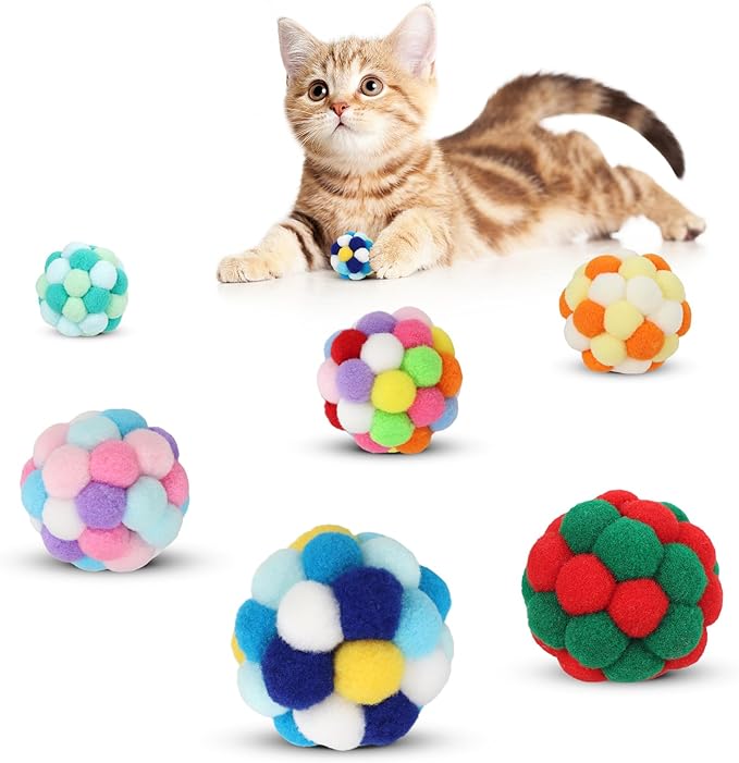 TUSATIY Interactive Cat Ball Toy, 6PCS Fuzzy Kitty Balls with Bells,Cats Pom Pom Balls for Kittens to Keep Busy,Colorful Cat Chew Toys for Indoor Cats