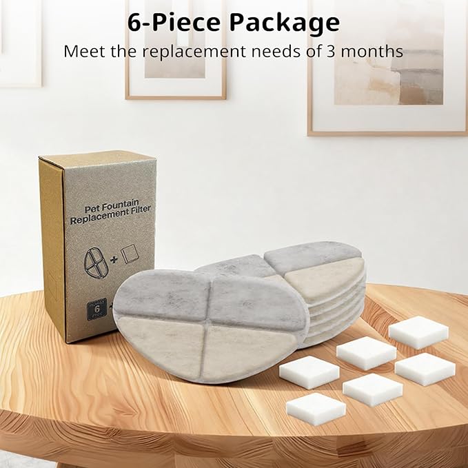 6 Packs Dog Water Filter Replacement, Feelneedy Cat Fountain Filters for (FN-W05) 7L/1.8Gal Dog Water Bowl Dispenser, Apetdola Cat Water Fountain (FP30)