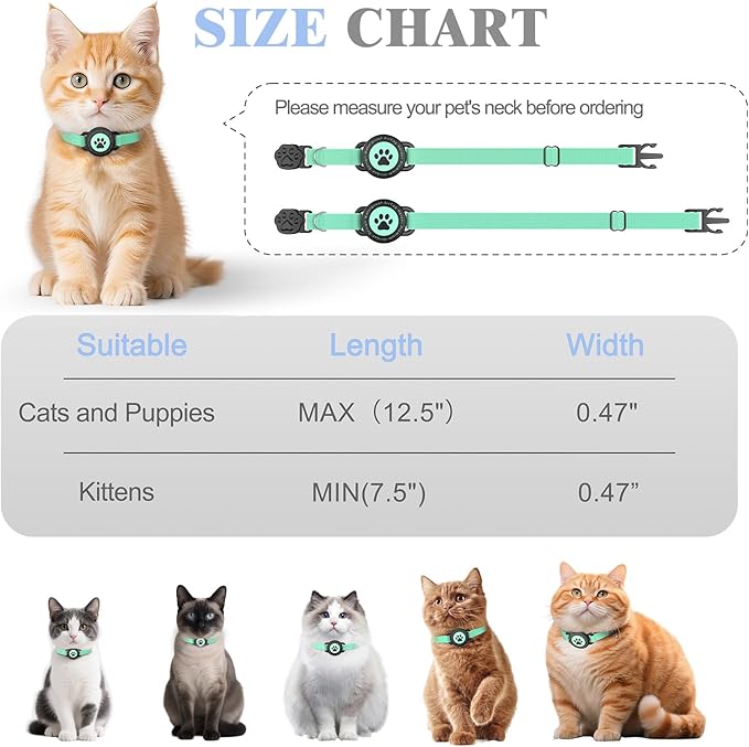 Airtag Cat Collar, Stretchy Kitten Collar with Apple Air Tag Holder, Lightweight and Comfortable, Ultra Elastic GPS Cat Collars for Cats Kittens and Puppies, 8-12.5 inch, Green