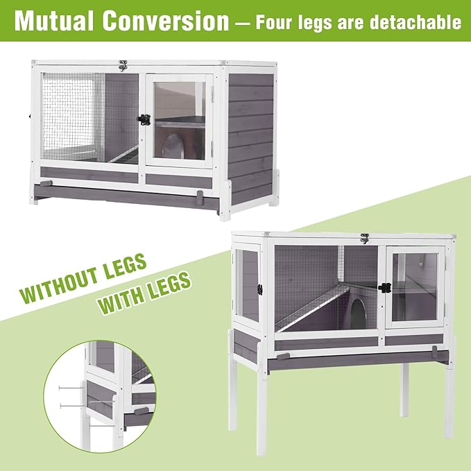GUTINNEEN Indoor Guinea Pig Cage Rabbit Hutch with Chew-Proof Ramp, 2-Story Wooden Bunny House with Pull-Out Trays & Leakproof PVC Layer, Small Animal Cages with Detachable Legs (Gray)