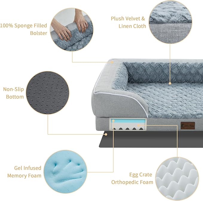 Orthopedic Waterproof Dog Bed for Extra Large Dogs, Memory Foam XL Dog Bed with Sides, Egg-Crate Foam and Non-Slip Bottom Jumbo Dogs Couch Beds with Washable Removable Cover(Jumbo,Light Grey)