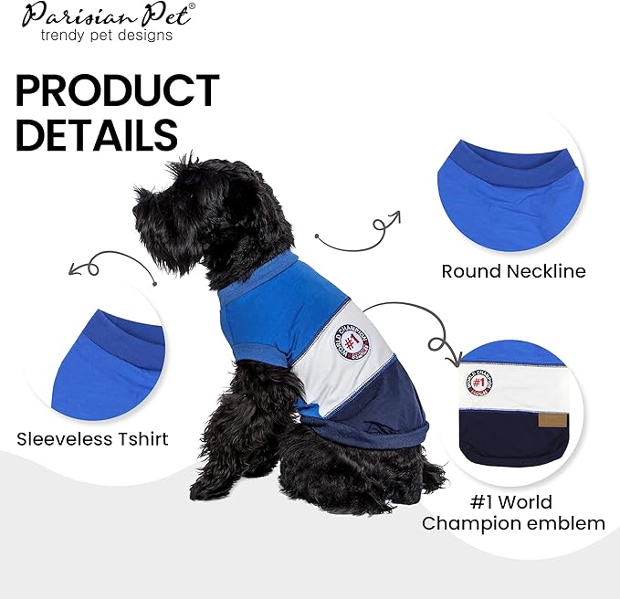Parisian Pet Embroidered 'Worlds Champion' Dog Shirt - Lightweight Sleeveless Color Block Tee - Machine Washable for Small Dogs - XS