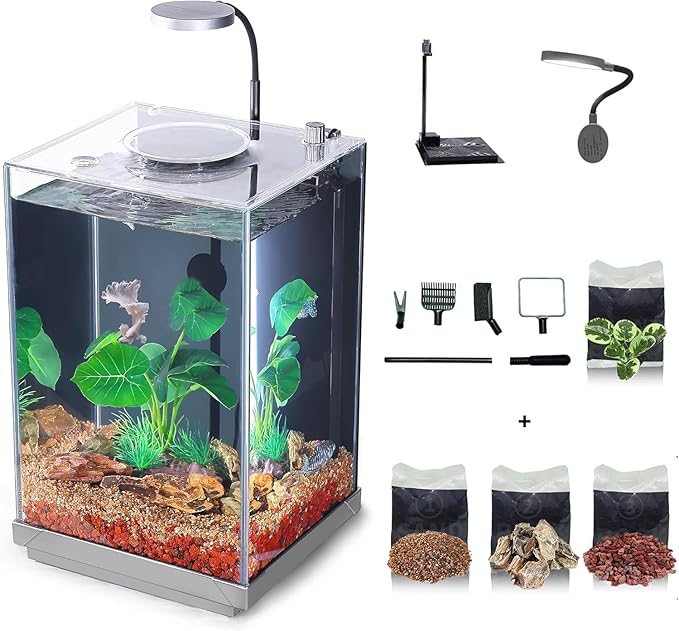 Wonderfactory 3 Gallon Aquarium Fish Tank, Self-Cleaning Betta Tank with Filter and Light, Starter kit with Rocks, Plants & Cleaning Tools, Suitable for Beginners and Hobbyists