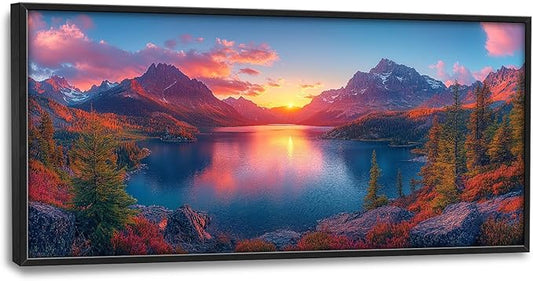 Large Lake Mountain Landscape Wall Art for Living Room, Nature Sunrise Canvas Oversized Wall Decor, River Forest Scenery Framed Pictures Painting Print Artwork for Bedroom Office 60"L x 30"W