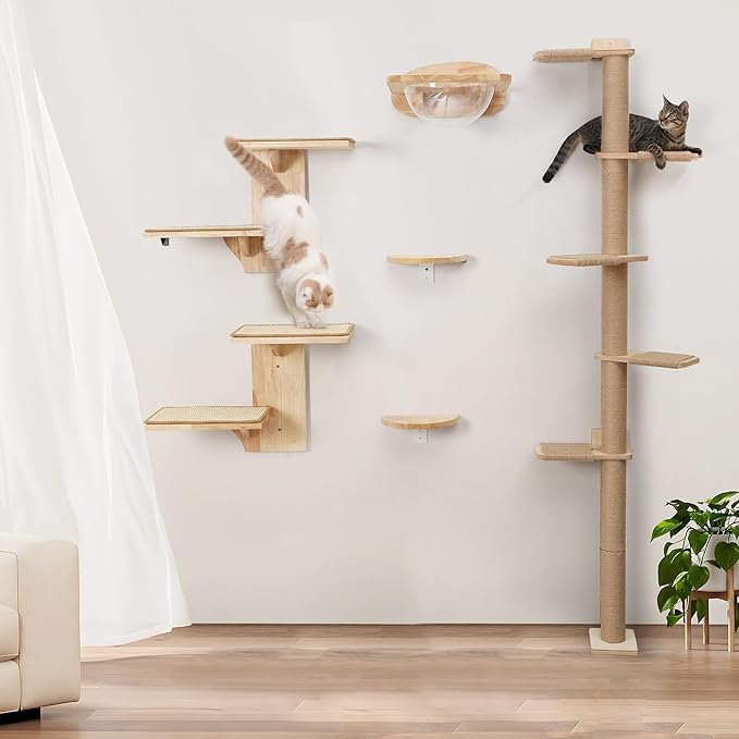 FUKUMARU Cat Wall Shelves, 2 Platform Kitten Wall Furniture, Tree Shape Wall-Mounted Floating Shelf with Sisal Mat, Solid Rubber Wood Cats Perch for 16 Inch Drywall, Suitable for Climb, Play, Nap