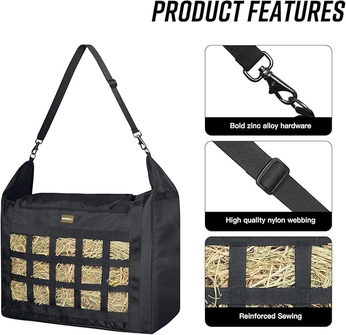 Hay Bag for Horses,Slow Feeder for Horse/Donkey/Goat, Premium 1680D Oxford Cloth,Easy to Fill and Hang with Extra Large Opening(Black)