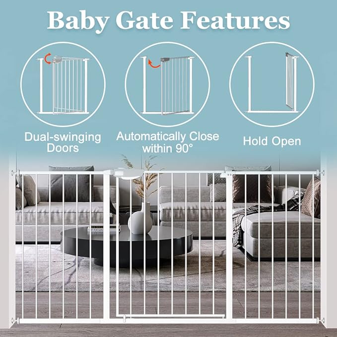 WAOWAO Triple Lock Baby Gate Extra Wide 86.22-90.55" Pressure Mounted Walk Through Swing Auto Close Safety White Metal Dog Pet Puppy Cat for Stairs,Doorways,Kitchen 86.22-90.94"/219-231cm