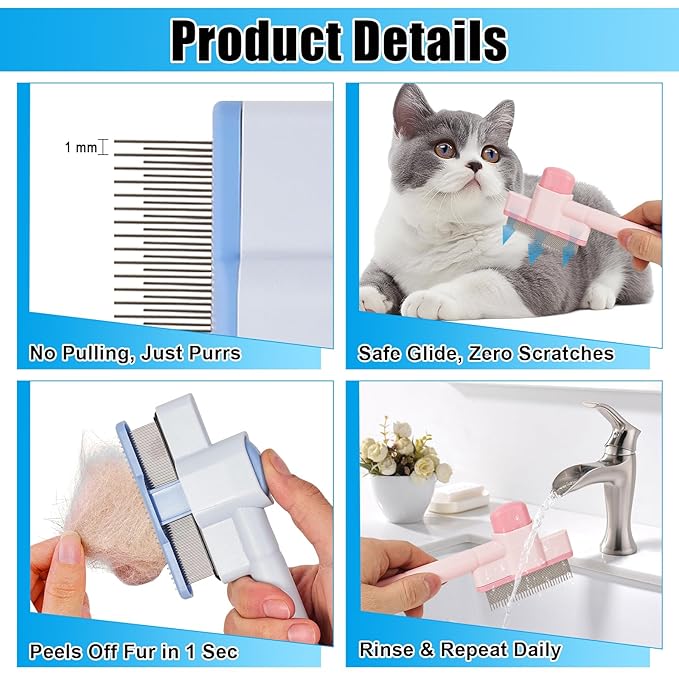 2PCS Flea Comb for Cats & Dogs โ Magic Self-Cleaning Cat Grooming Brush with Stainless Steel Teeth, Cat Combs for Fleas and Ticks, Indoor Pets, Fine Tooth Comb for Kittens