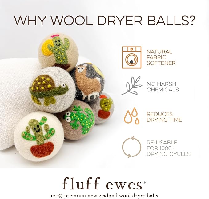 Fluff Ewes Wool Dryer Balls 6 Pack Premium New Zealand Wool Laundry Balls for Dryer, No Static Dryer Balls Laundry Reusable, XL Wool Dryer Balls Cute, Baby Dryer Balls for Dryers - Kiss My Cactus