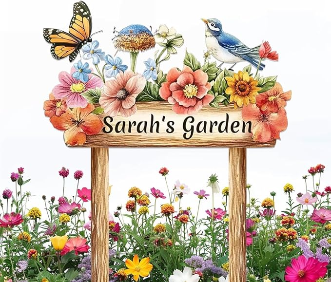Personalized Colorful Bird Metal Sign with Stake,Custom Gardener Last Name Signs Outdoor Decorate,Customized Garden Accessories Decor for Mom,Butterfly Flowers Plaques for Patio Lawn Porch Backyard