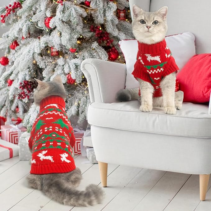 KOOLTAIL Cat Sweater Turtleneck- Soft Knit Cat Christmas Sweaters for Cats Only, Elk Christmas Tree Pattern Thick Warm Cold Weather Pet Clothes Outfit for Small Medium Large Size Kitten Puppy Red S