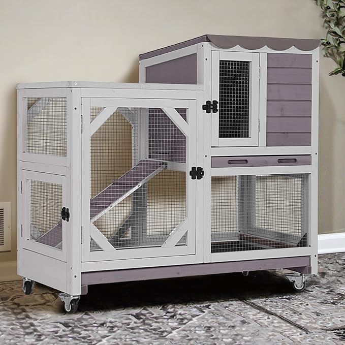 GUTINNEEN 2-Story Rabbit Hutch Indoor with Chew-Proof Design & Slide-Out Trays - Wooden Small Animal Cage Guinea Pig Cages with Lockable Wheels for 2-3 Rabbits, Bunnies, Guinea Pigs (Grey)