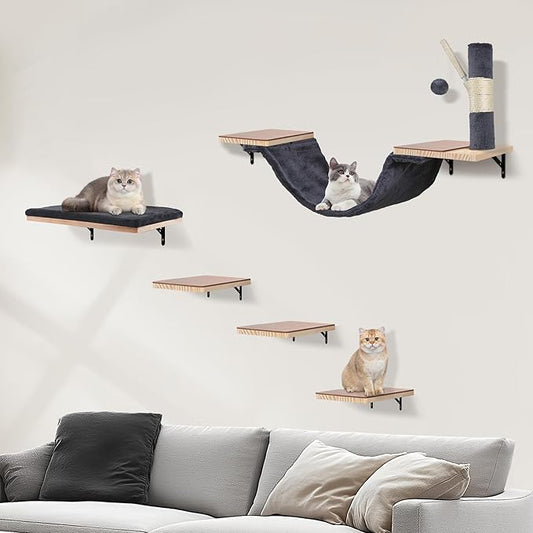 Wall Mounted Cat Climber Set, Cat Wall Shelves,Cat Wall Furniture Set,with Hammock,Jumping Boards,Sofa,Steps,Scratching Post,Hanging Ball and Felt Pads, Suit for Cats Climb, Jump,Scratch-Dark