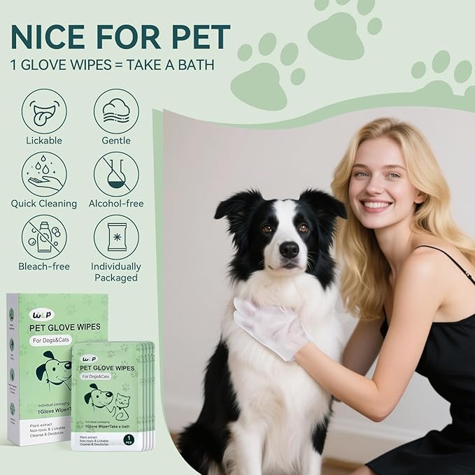 WLP 6 PCS Pet Cleaning and Deodorizing Glove Wipes for Dogs & Cats Hypoallergenic Pet Cleaning and Hydrating Glove Bath Wipes Enriched with Aloe & Jojoba Oil Individually Wrapped