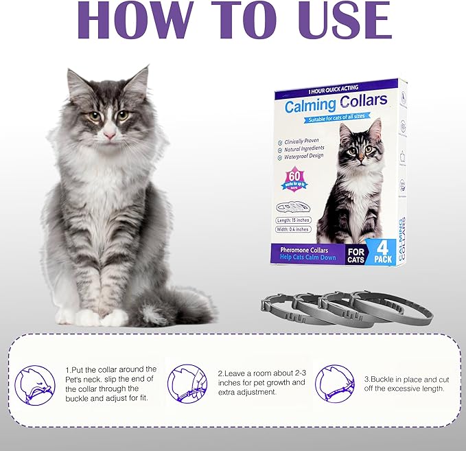 4 Pack Calming Collar for Cats - 60 Days Anxiety and Stress Relief, Relaxing Cat Collar, Adjustable Pheromones Collar for Cats,Natural Soothing for Continuous Calming