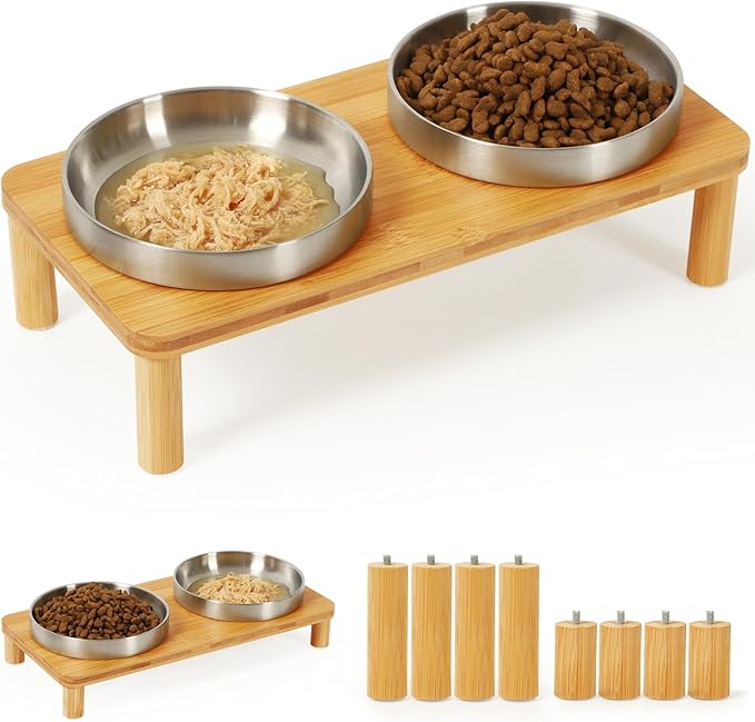 Elevated Cat Bowls for Indoor Cats – Raised Bamboo Cat Food Table with 2 Stainless Steel Dishes, Adjustable Height (4.25"/3.07"), Whisker Friendly Feeding Station