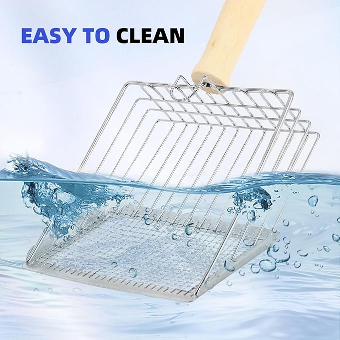 Litter Scooper, Metal Litter Scoop, Pooper Scooper with Wooden Handle, Cat Litter Scoop, Metal Scooper & Speed Sifter Deep Shovel Scoop Filter,Kitten Pooper Lifter for Litter Box