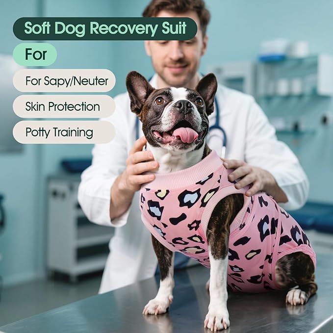 Kuoser Dog Recovery Suit for Dogs After Surgery,Professional Surgical Onesie for Female Male Dogs Spay Neuter,Soft Dog Surgery Suit Bodysuit for Abdominal Wounds Skin Disease,Pink Leopard S