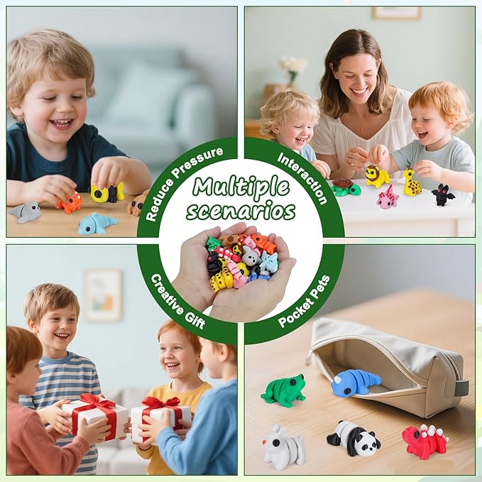 Mini 3D Printed Animals with Dragon Eggs Set, 3D Printed Fidget Toys, Small Articulated Animal Figures Pocket Pets Bulk, Desk Ornament Party Favors (Animal Family)