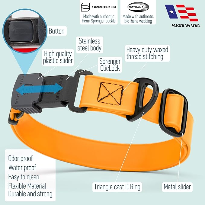 Dogline Biothane Waterproof Dog Collar with Herm Sprenger Black Stainless Steel Quick Release Buckle – Heavy Duty Tactical Durable Collar for Dogs – Comfortable, Safe Pet Collar W 1" L15-25 Tangerine