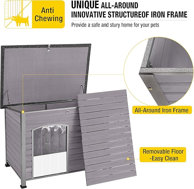 Aivituvin Large Dog House Outdoor Indoor Weatherproof Dog House for Small & Medium & Large Dogs with Unique All-Around Iron Frame&Raised Feet(Grey)