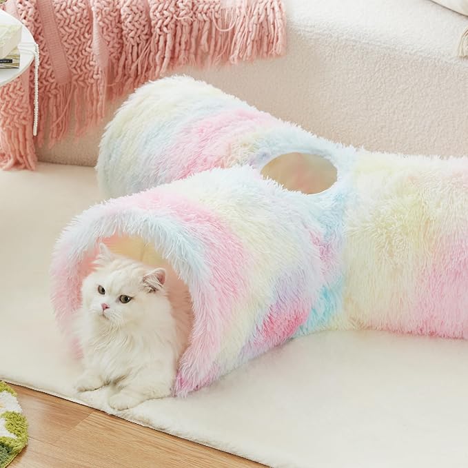 Tempcore Plush Pet Cat Tunnel Tube Cat Toys 3 Way Collapsible, Tunnels for Indoor Cats,Kitty Tunnel Bored Pet Toys Peek Hole Ball Puppy, Kitty, Kitten, Rabbit Rainbow