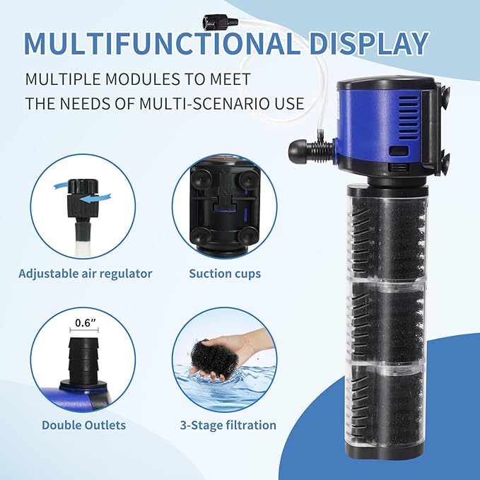 TARARIUM Aquarium Filter 400GPH for 55-75 Gallon Fish Tank, Biochemical Quiet Submersible Internal Powerful Pump Air Supply, Wave Maker 4 in 1, Small Ponds, Saltwater & Freshwater Crystal Clear