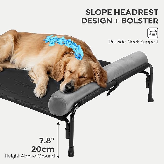 Veehoo Large Elevated Dog Bed, Outdoor Raised Dog Cot Hammock Bed with One-Sided Removable Headrest Bolster, Cooling Breathable Washable Teslin Mesh, Off Ground, Anti-Slip, XL, CWC2204BCP
