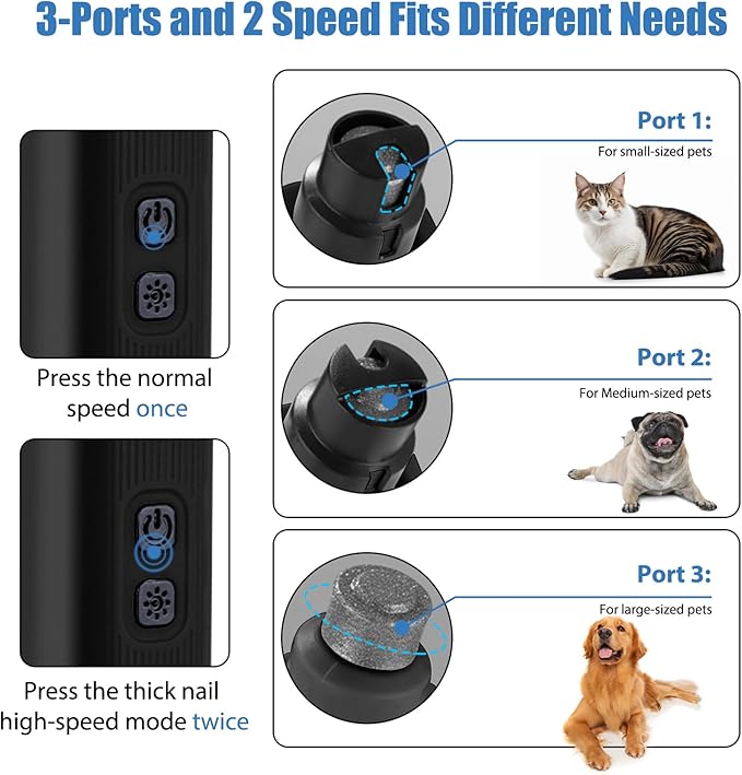 Dog Nail Grinder - 2 Speed Super Quiet and Low Vibration Electric Pet Nail Grinder - Rechargeable Dog Nail Trimmers for Small Dogs- Cat Nail Claw Clippers with 2 Level LED Lighting(Black)