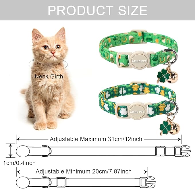 ARING PET 2 Pack St. Patrick's Day Cat Collars-Cute Green Clovers Cat Collar Breakaway with Bell&Pendant, Adjustable Lucky Trefoil Kitten Collars with Safety Buckle