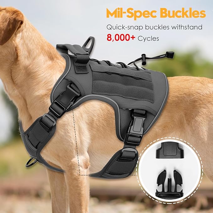 Heavy-Duty Tactical Dog Harness for Large Dogs, No Pull Adjustable Reflective Pet Vest with Molle System, K9 Military-Grade Control for Service Training, Outdoor & 10+ Breeds, Gray, X-Large