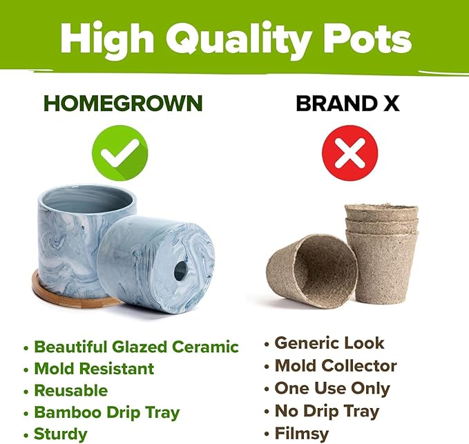HOME GROWN Indoor Herb Garden Kit w/Glazed Ceramic Pot - Easy-to-Grow Kitchen Window Gardening Starter Set - Unique Housewarming Gift for Women, Mom, Gardeners, Friend, Her, Mother
