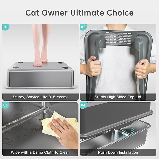 Enclosed Stainless Steel Cat Litter Box with Lid, XL Extra Large Litter Box for Big Cats, Metal Litter Pan High Sided, Never Absorbs Odors, Anti-Urine Leakage, Easy Cleaning, Include Scoop