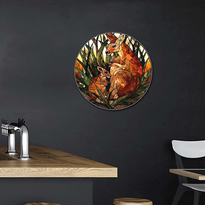 Lygond Metal Sign Tin Sign Circular Stained Glass Kangaroo Funny Bathroom Decor For Club 8×8 Inches