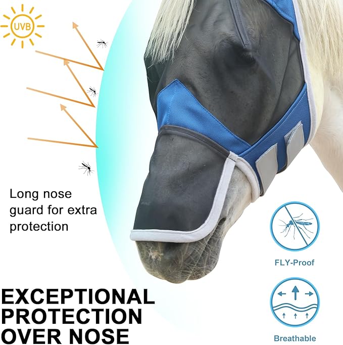 Horse Fly Mask with Ears & Long Nose Cover | Forelock Opening for Tangle-Free Mane Care | UV Protection & Breathable Mesh | No Rub Fit and Enhanced Visbility for Trail Riding RoyalBlue Full