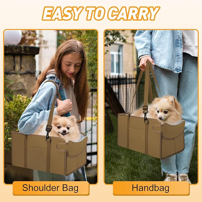 Portable Dog Car Seat for Small Dogs - Adjustable Safety Leash, Washable Cushion & Storage Pocket - Pet Booster Seat for Car Travel- Khaki