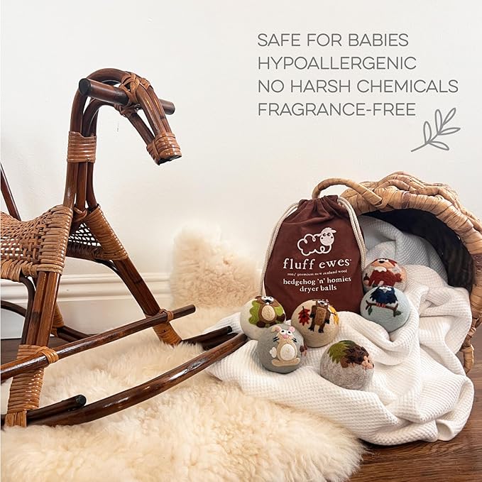 Fluff Ewes Wool Dryer Balls 6 Pack Premium New Zealand Wool Laundry Balls for Dryer, No Static Dryer Balls Laundry Reusable, XL Hedgehog Dryer Balls, Baby Dryer Balls for Dryers - Hedgehog and Homies