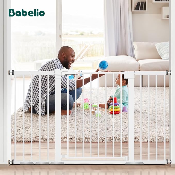 BABELIO 36" Tall Baby Gate, 29-55" Auto Close Pressure Mounted Dog Gate for Doorways & Hallway, Pressguard Basics Easy Walk Thru Pet Gate, Extra Wide Metal Child Gate, White
