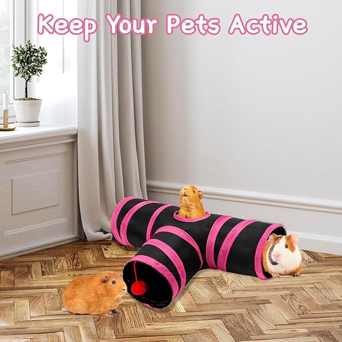 Rypet Guinea Pig Tunnel, 3 Way Collapsible Rabbit Tunnel, Small Pet Tunnels and Tubes with Interactive Ball for Rabbit Ferret Hamster Chinchilla Hedgehog Hiding and Resting