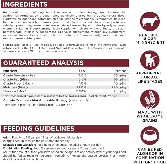 NutriSource Beef & Rice Recipe Dog Food, Premium Wet Dog Food, 12.3 Ounce (Pack of 12)