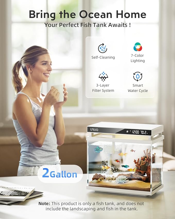 Fish Tank Smart Aquarium Kit: URUQ 2 Gallon Self Cleaning Multi-Layer Filtration System Silent Pump - UHD Glass 7-Color Lighting Temperature Monitoring - Fragrance Diffuser Humidifier White