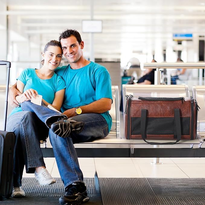 Fashion Leather Dog Carrier, Airline Approved Cat Carrier Soft Sided Pet Bag Carrier Purse for Puppy Kitten Small Animals Coffee