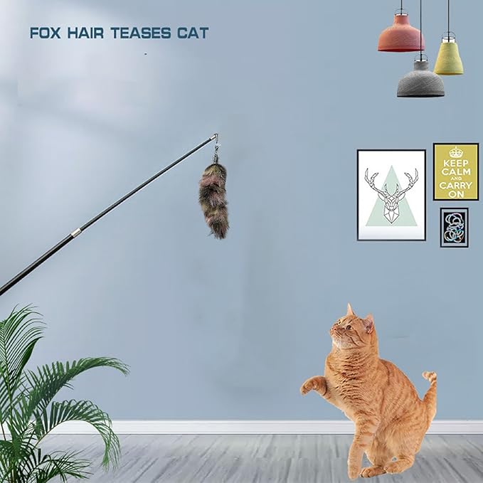 Interactive Cat Wand Toy with Cat Dancer, Retractable Feather Fox Tail Teaser for Indoor Cats, Enrichment Play Kittens to Senior Cats (Soft Pink)