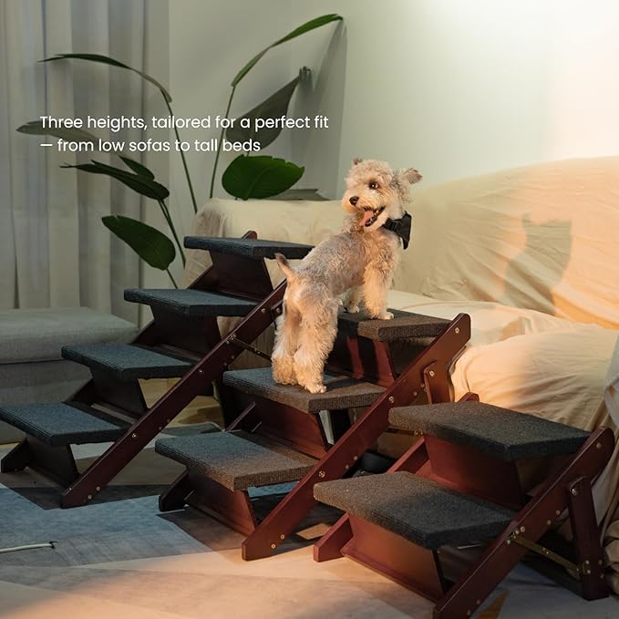 MEWANG Wooden Pet Stairs/Pet Steps - 3-in-1 Foldable Stairs & Ramp for Beds and Cars - Portable Dog/Cat Ladder Up to 220 Pounds - Great for Small and Older Animals(Brown) (24.8" L x 17.2" W x 19.5" H)