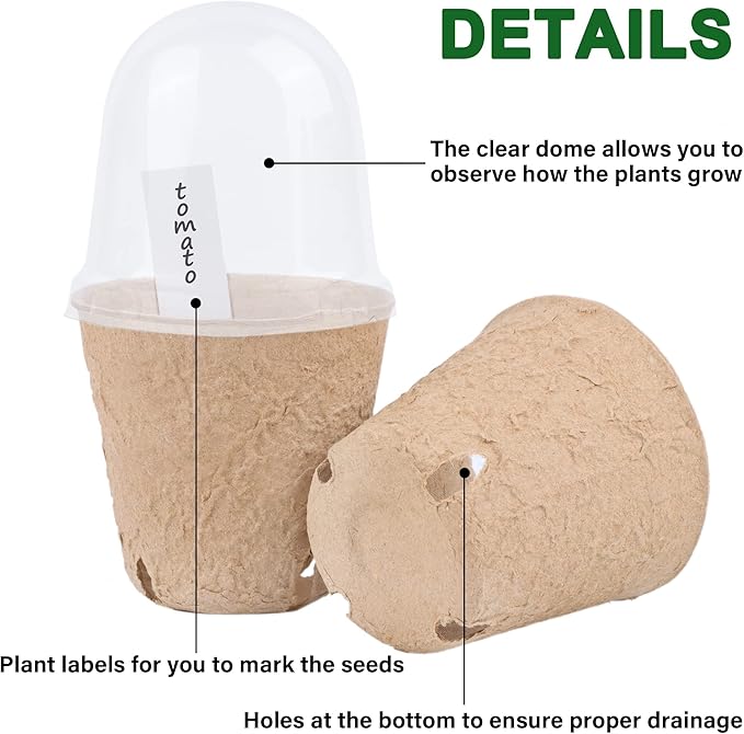 winemana 36 Set Plant Nursery Pots with Humidity Dome, Seed Starter Biodegradable Peat Pots, Seedlings Planting Pots with Labels for Indoor Outdoor Garden
