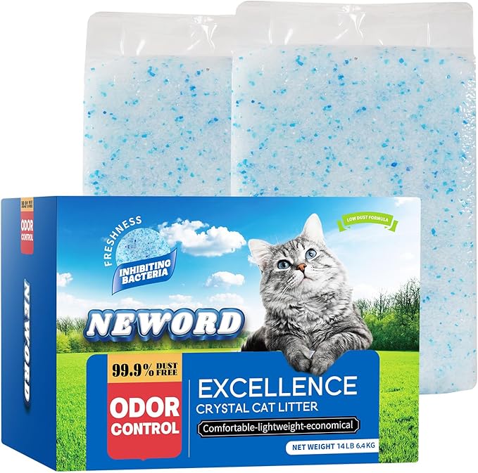 NEWORD Crystals Cat Litter Lightly Scented Litter Superior Odor Control 14 lbs Total (2 Pack of 7lb Bags) Soft-On-Paws Low Tracking Dust-Free Blue Silica Gel