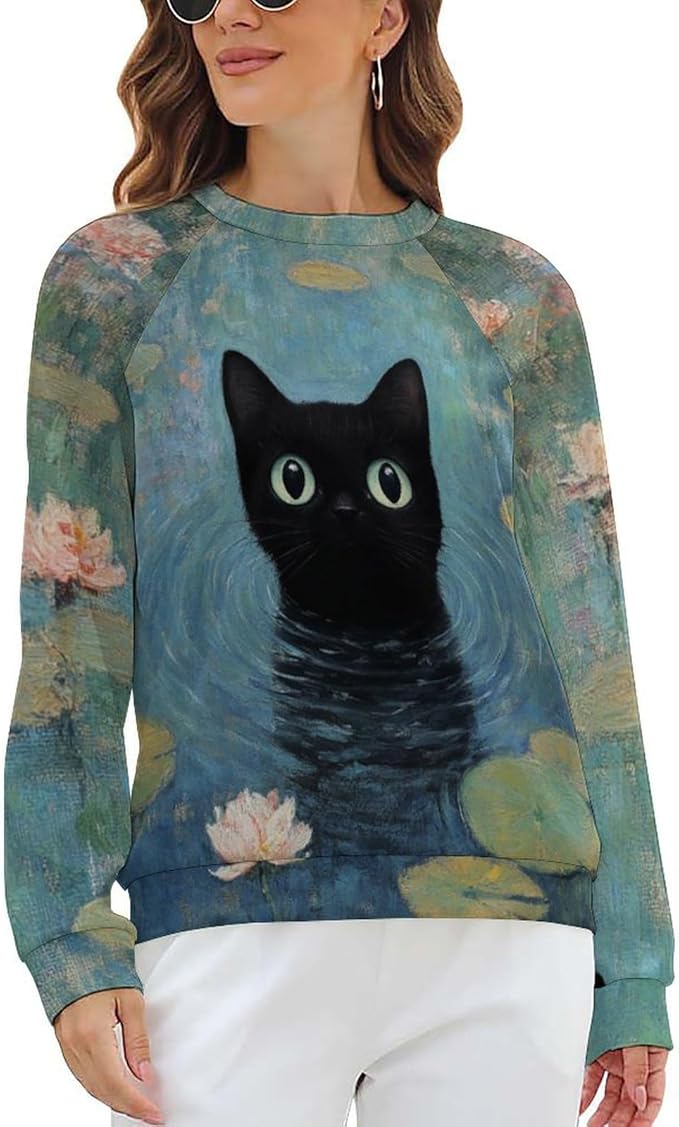 Long Sleeve Shirts for Women Cat Oil Painting Shirt 3D Graphic Sweatshirts Fall Pullover Crewneck Vintage Boho Tops